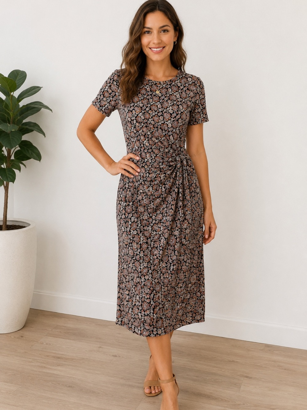 BODEN Floral Faux Wrap Midi Dress Paisley Print Short Sleeve Size 6